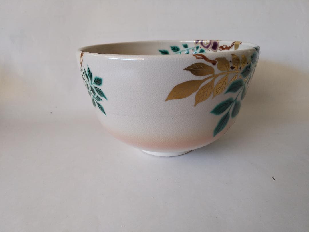 押小路窯 庄左ェ門 作 色絵「藤」茶碗 押小路焼 共箱 共布 栞 抹茶碗 新品