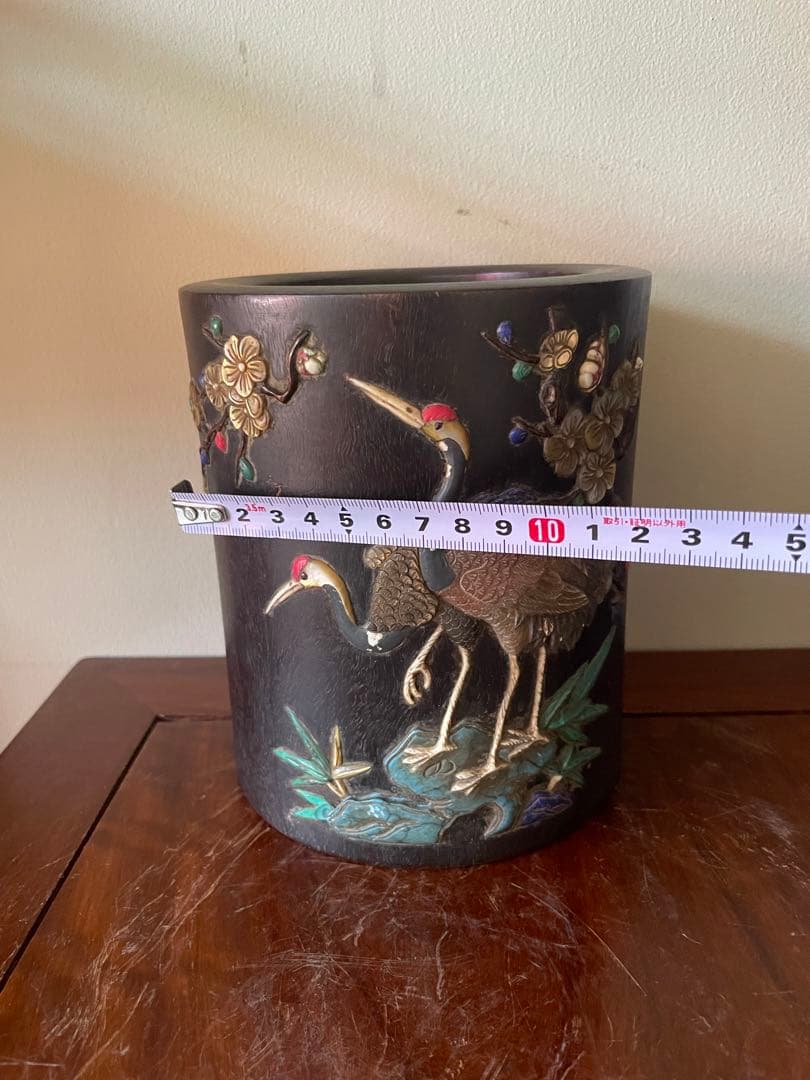 中国清代乾隆年製 紫檀笔筒 诗文宝石嵌め古董品重1.2kg