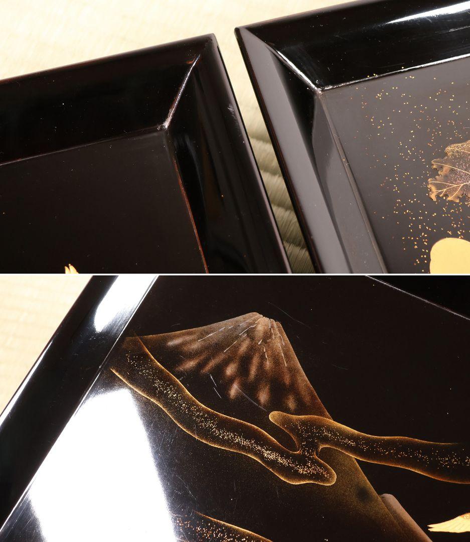 一富士二鷹三茄子 金蒔絵 黒塗四方膳 足付 五客 35cm 木製漆器【CM389