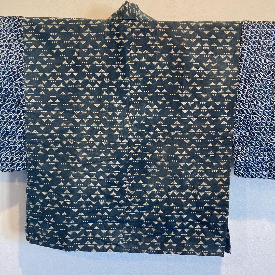 古布　男物　半襦袢　両面染め　型染　ミツウロコ　絞り　時代劇