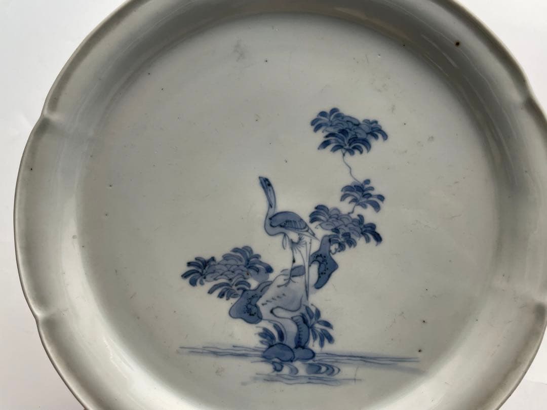 骨董　アンティーク　藍柿右衛門　染付　花鳥文　輪花七寸皿　白磁　古伊万里　藍九谷