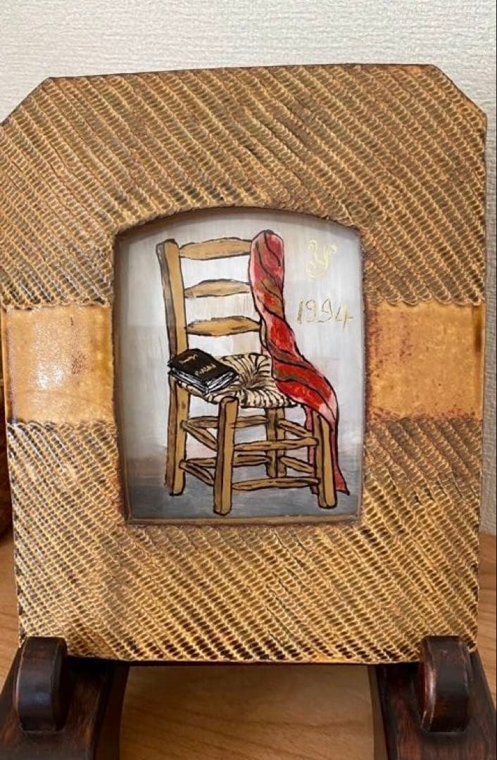 民藝　岩井窯　ガラス絵　1994年　スペインの椅子　共箱