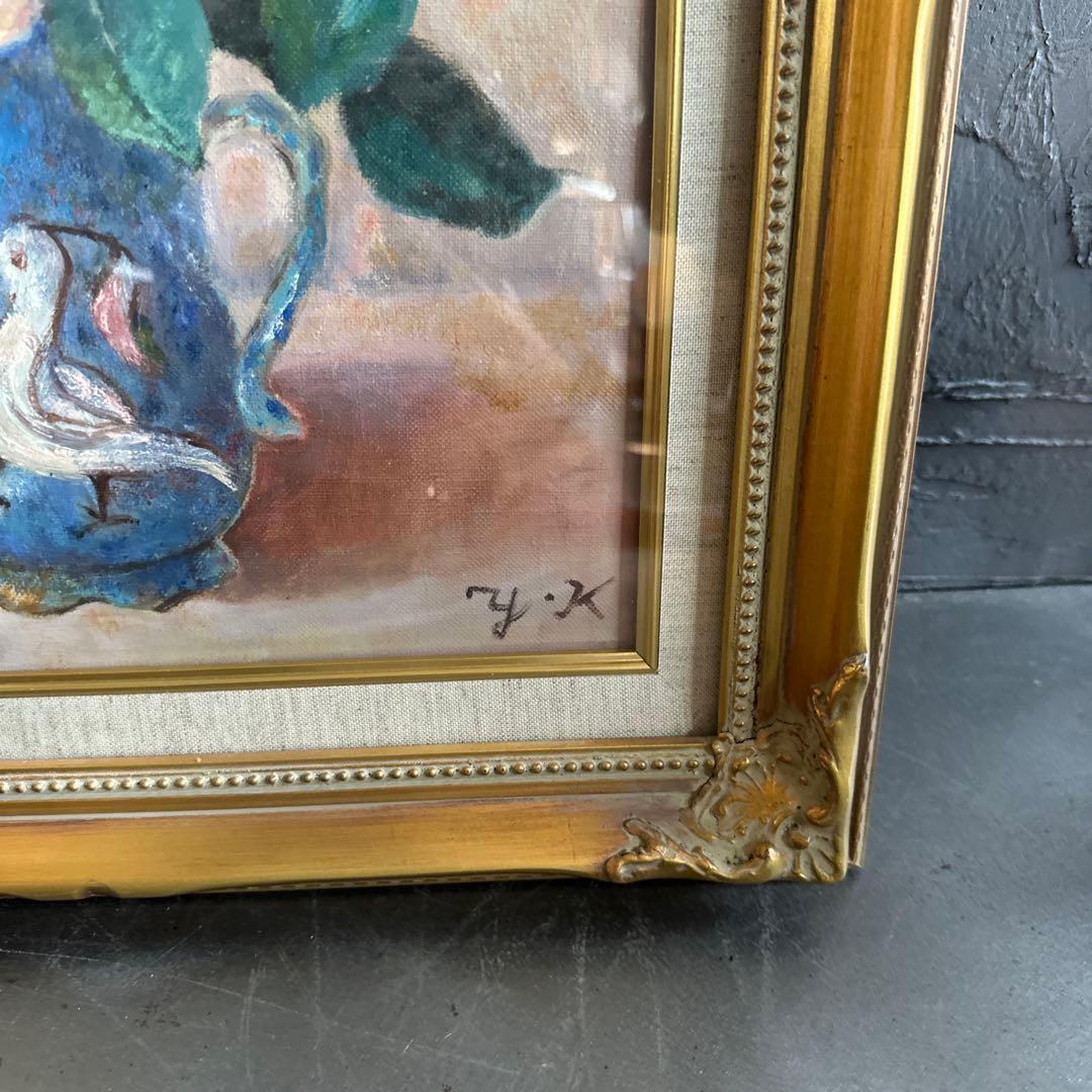 瞬間的お値下げ‼️雰囲気のよい優しいバラと鳥の絵　油彩画 花瓶のバラ ヴィンテージ