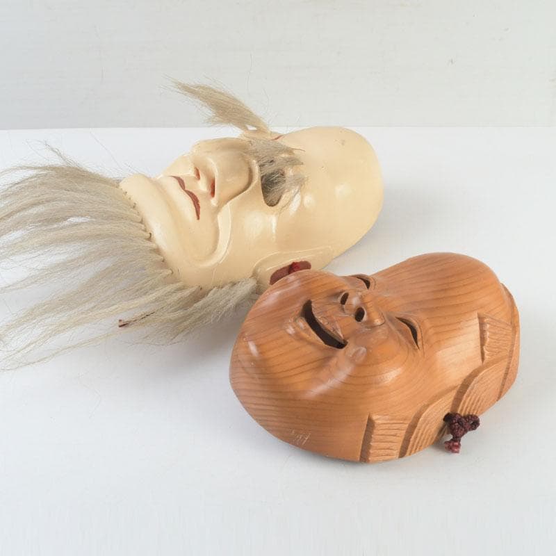 能面　能楽　雅楽　木彫　お多福面　翁面　2点まとめて　C　9291