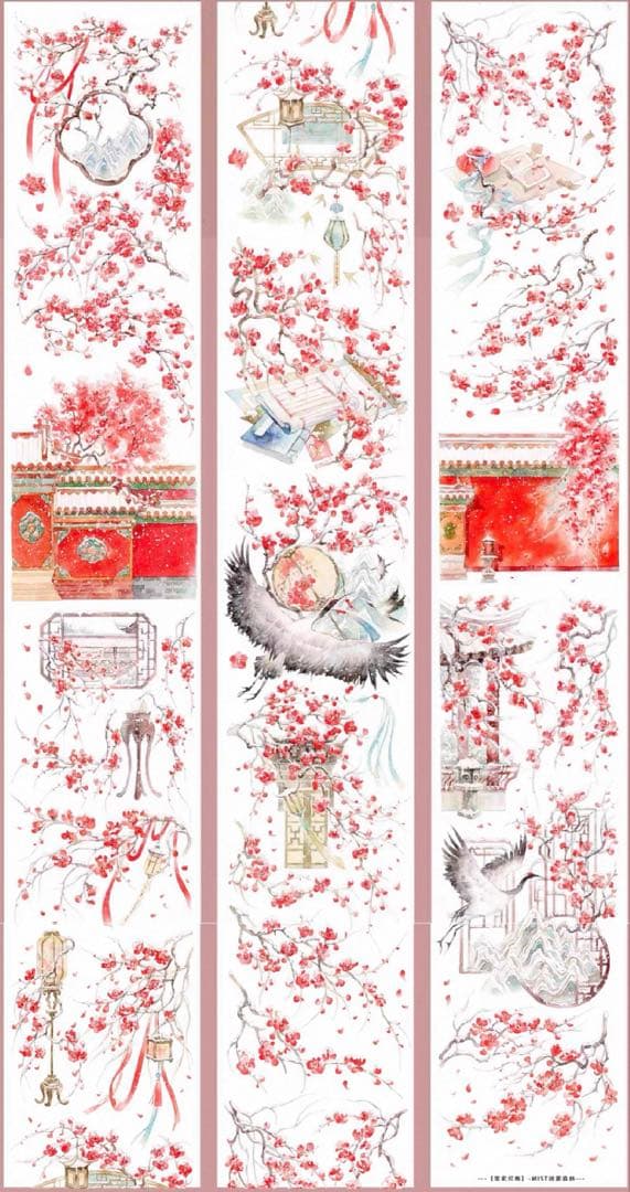 贝壳光 6cm×10m 雪花红梅 海外マスキングテープ　海外マステ　和柄