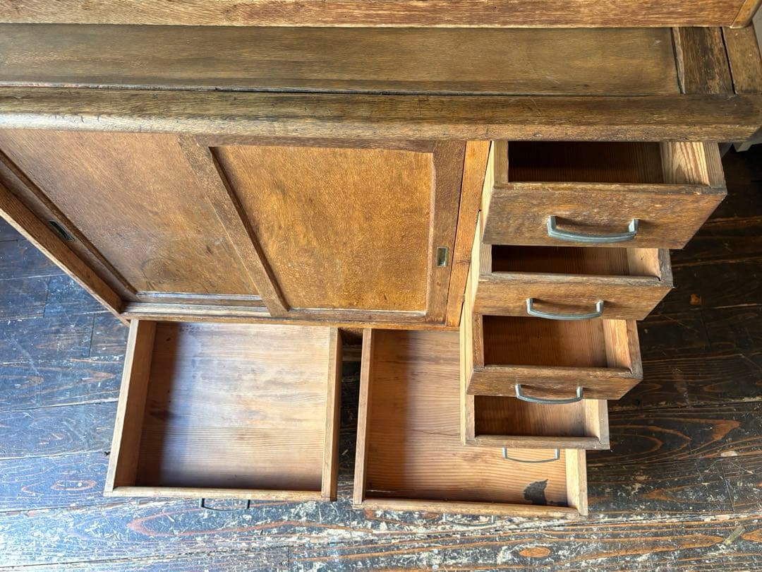 ダイヤガラス 作業台付き　レトロ 木製 キャビネット 水屋 食器棚 アンティーク