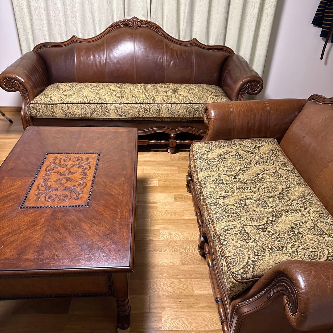 クラシックブラウンレザーソファセット