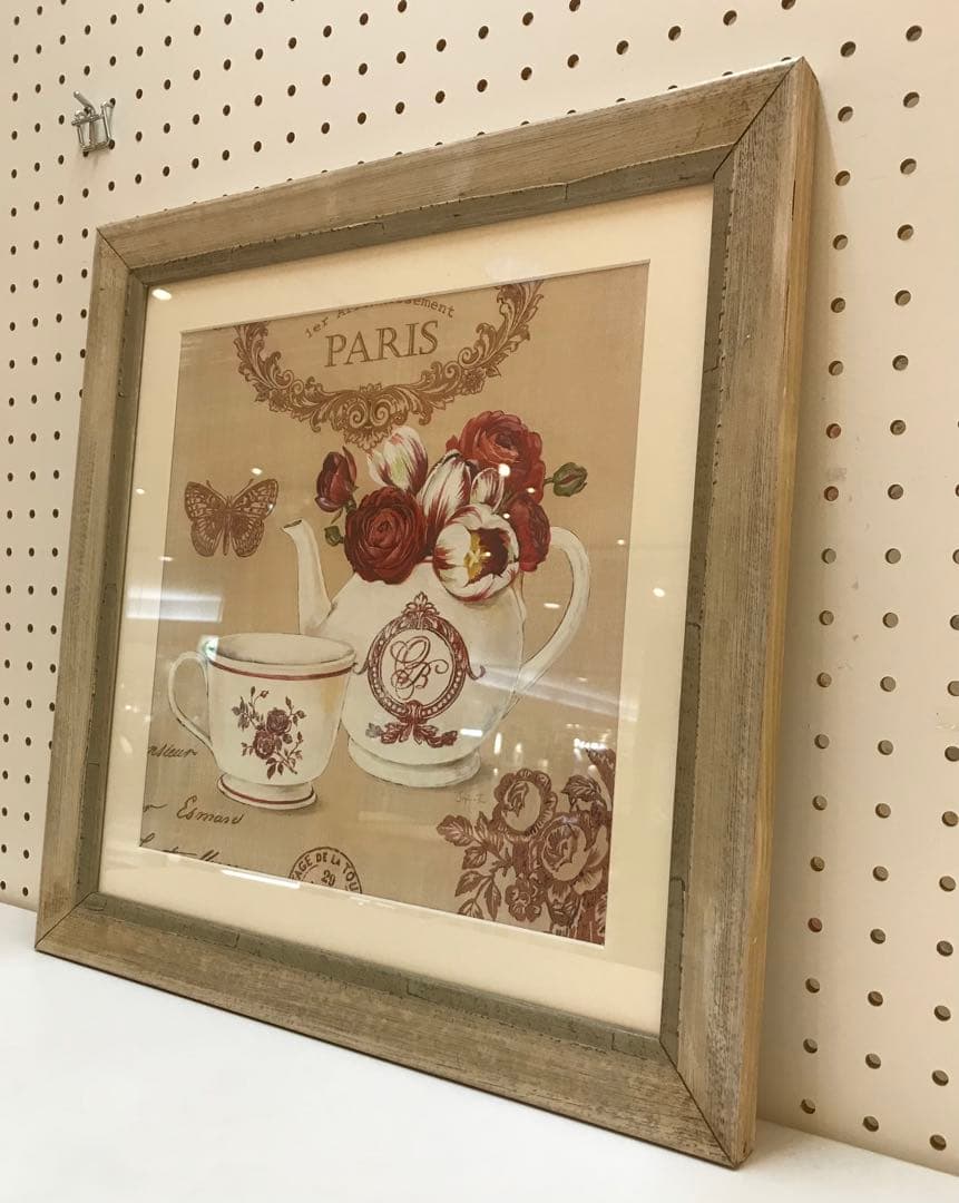 イタリア製　額絵　赤いティーポットと薔薇