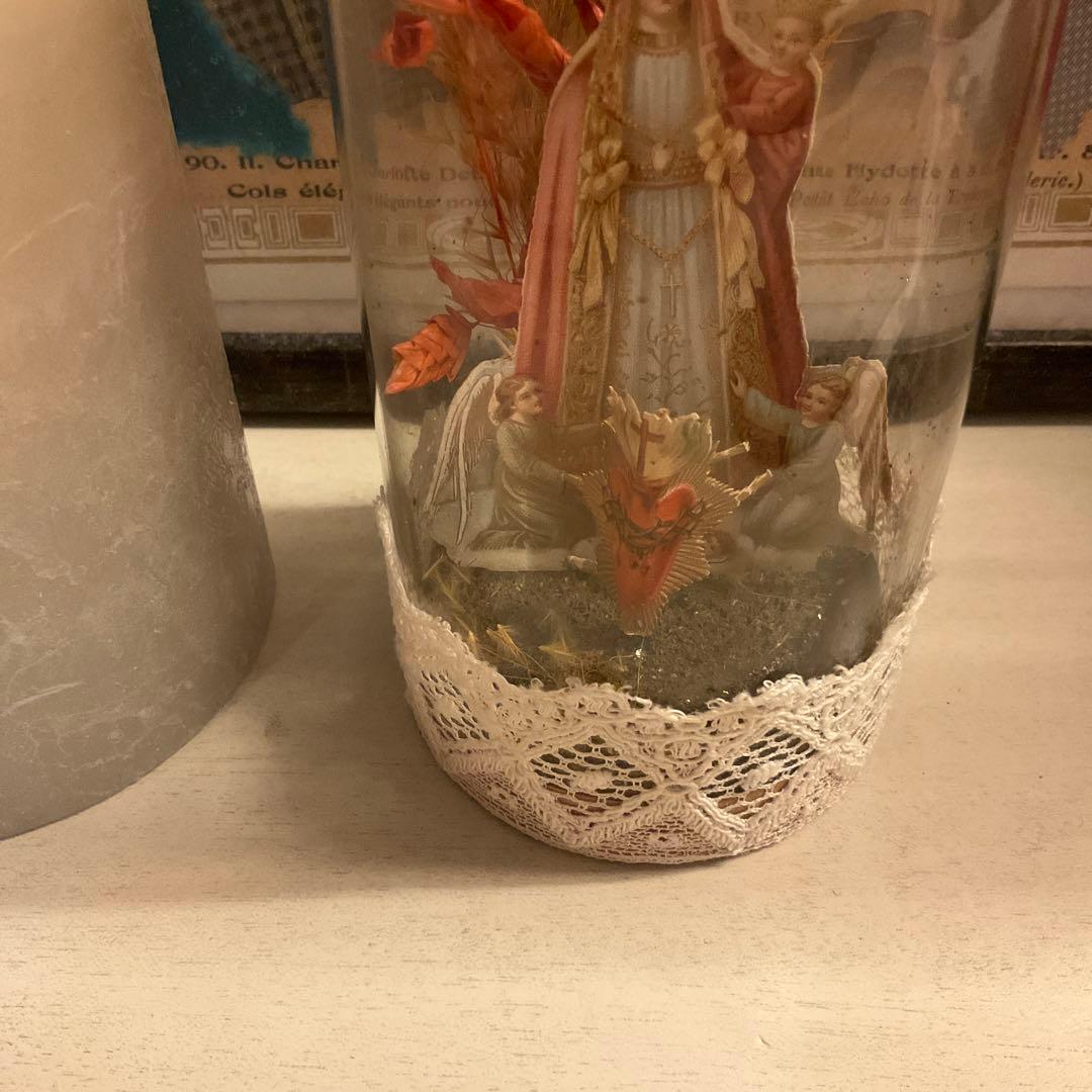 フランスアンティーク　ガラスドーム　聖母子　天使　クロモス　オブジェ　クリスマス