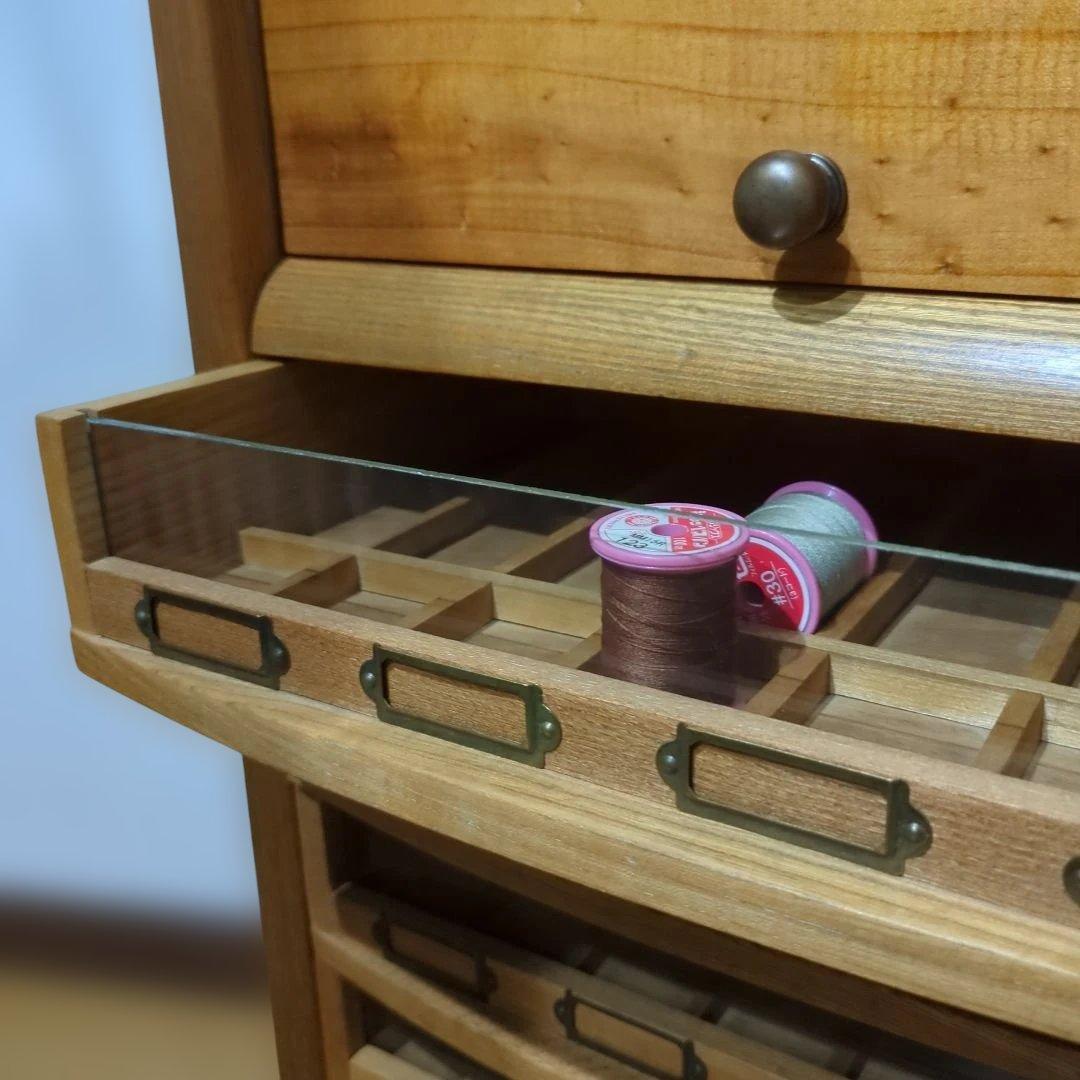 糸ケース陳列　ミシン糸　木製引き出　みや古染アンティーク