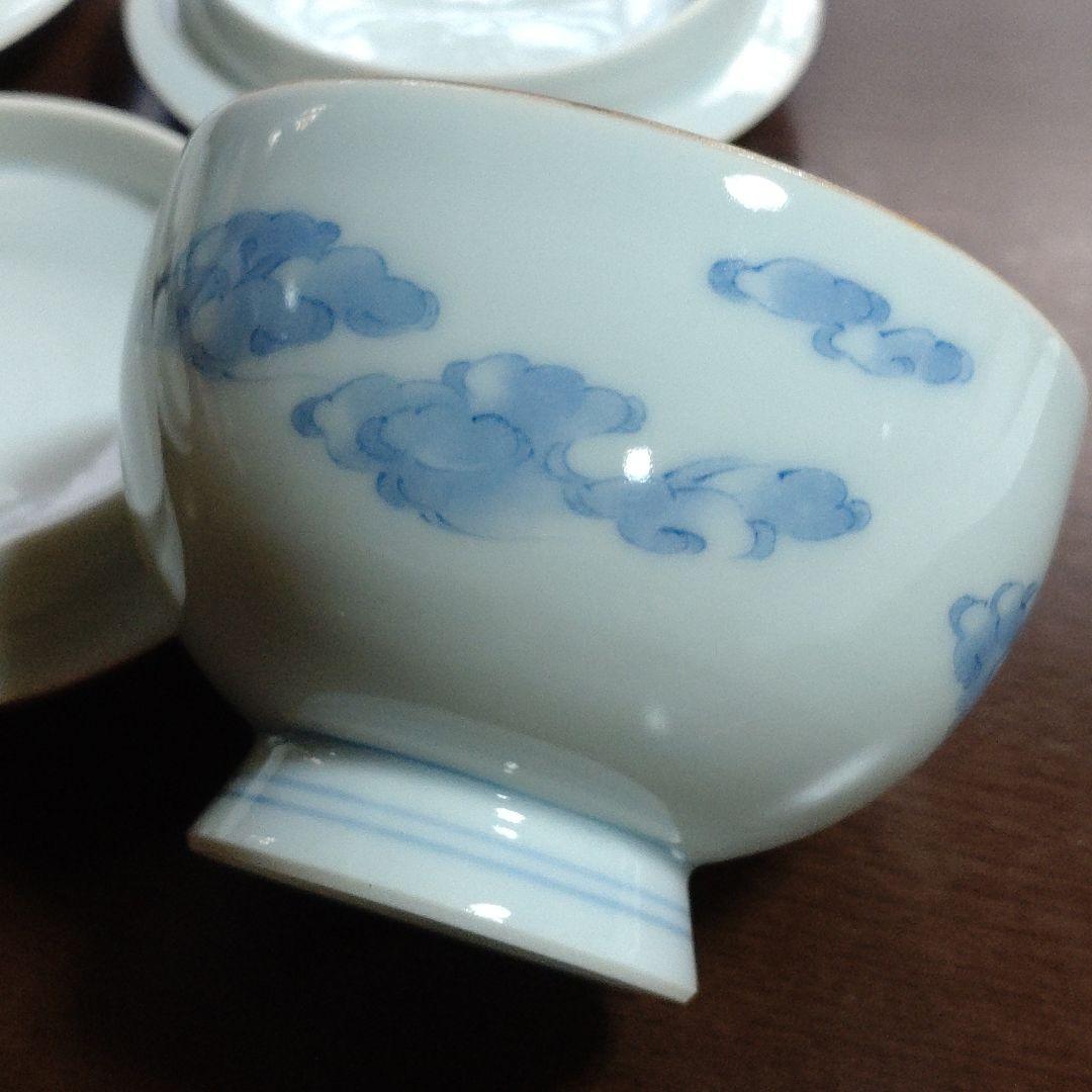 宮中御用命　染付瑞雲文蓋付汲出碗　5客揃い