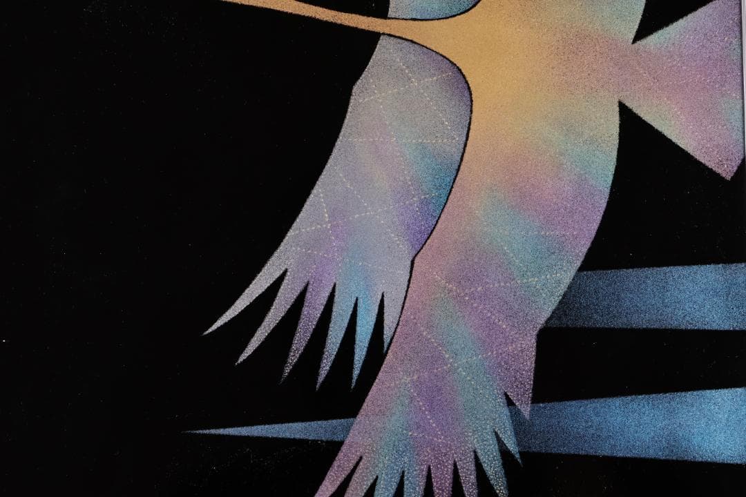 真作　輪島塗沈金　日展作家　加治武　「 双鶴飛翔 」 漆芸画　6号　BJ243