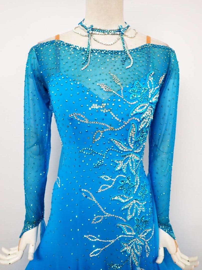 B1307★水色/スワロフスキー/ワンピース/スタンダードドレス☆社交ダンス