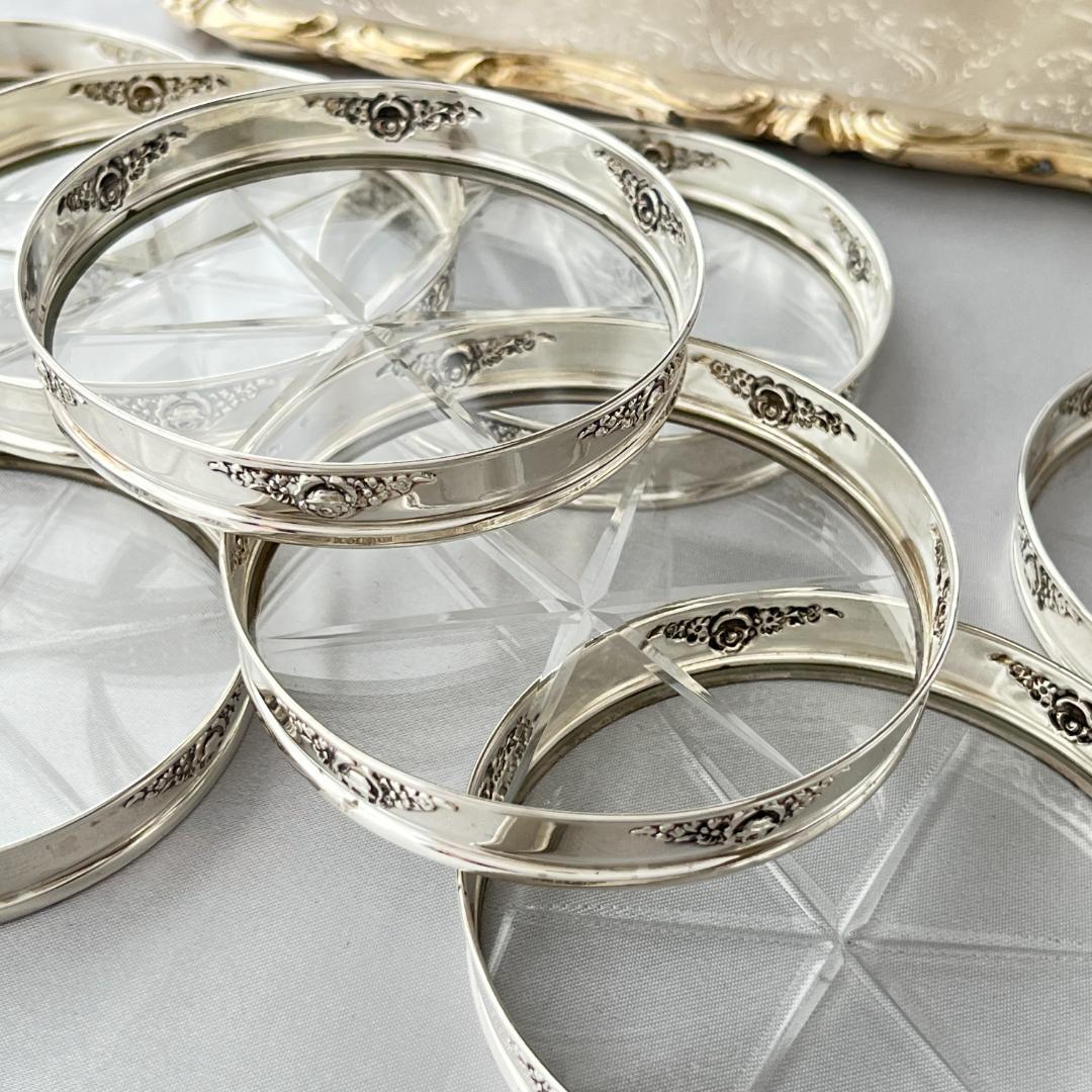 【Webster】薔薇のレリーフのコースター 8枚【純銀 / ガラス】