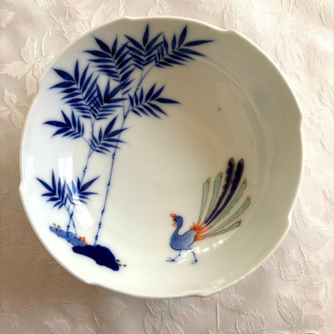 希少 香蘭社 染付　竹、孔雀（クジャク）、鳳凰文 皿　ボウル3客
