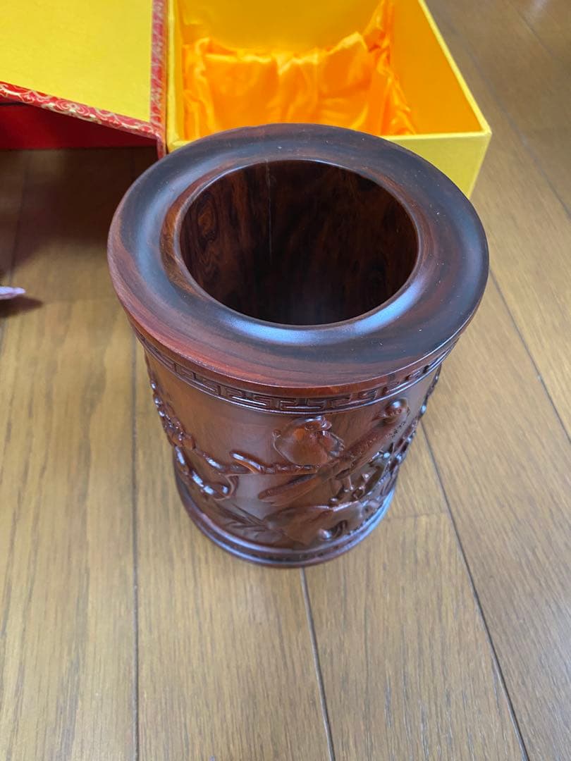 中国　骨董　紅木芝木精品　花瓶　梅　鳥