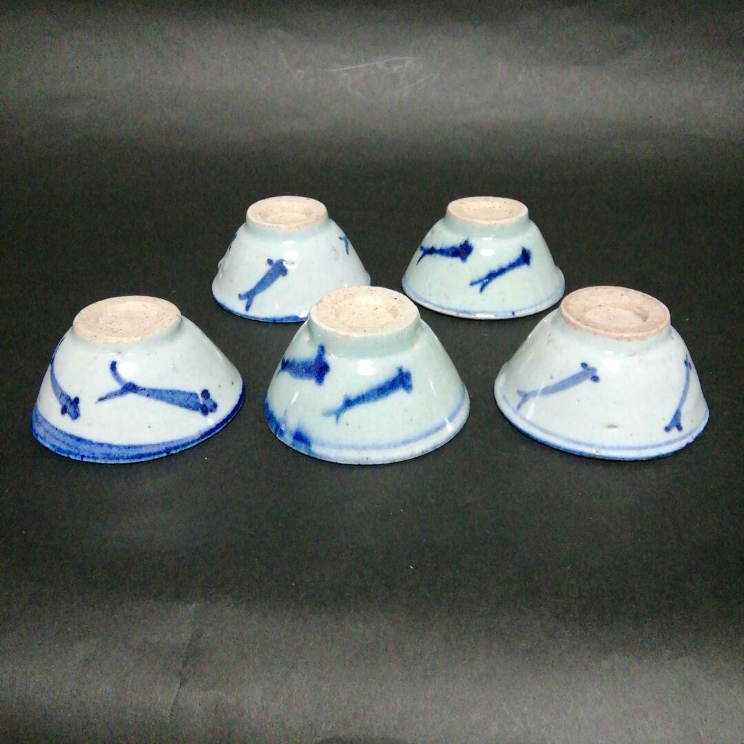 中国清朝　南京染付青花メダカ文酒盃　５客揃　南京染付　安南染付　清朝