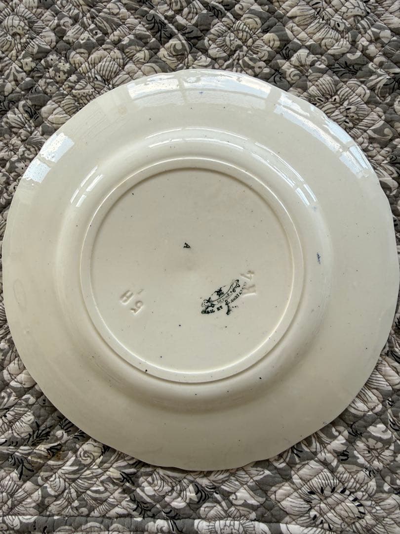 フランスアンティーククレイユモントローlinotteブルーレリーフプレート.b