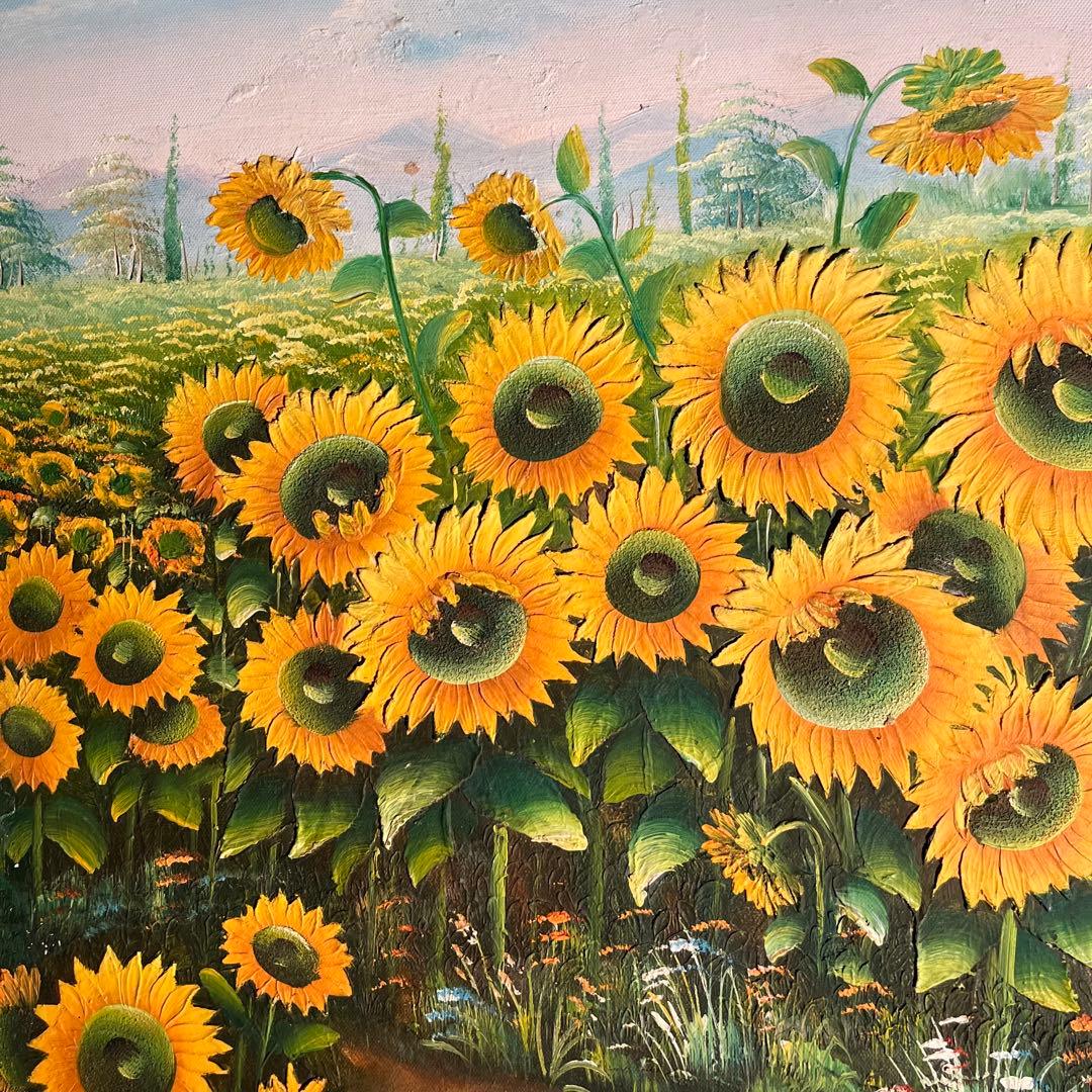 ★アウトレット★手書き油絵 ひまわり畑 額付 絵画 インテリア 油彩画