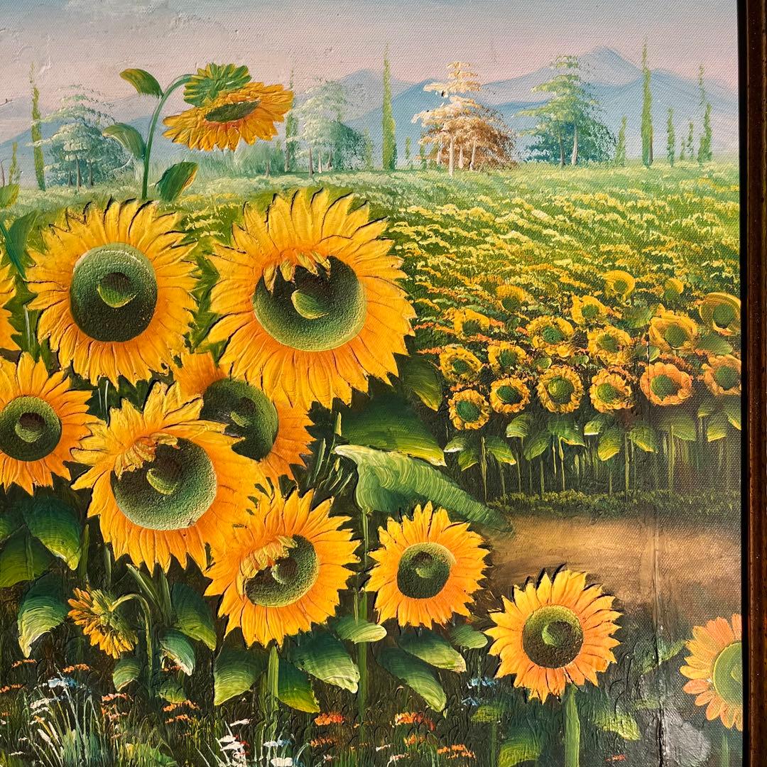 ★アウトレット★手書き油絵 ひまわり畑 額付 絵画 インテリア 油彩画