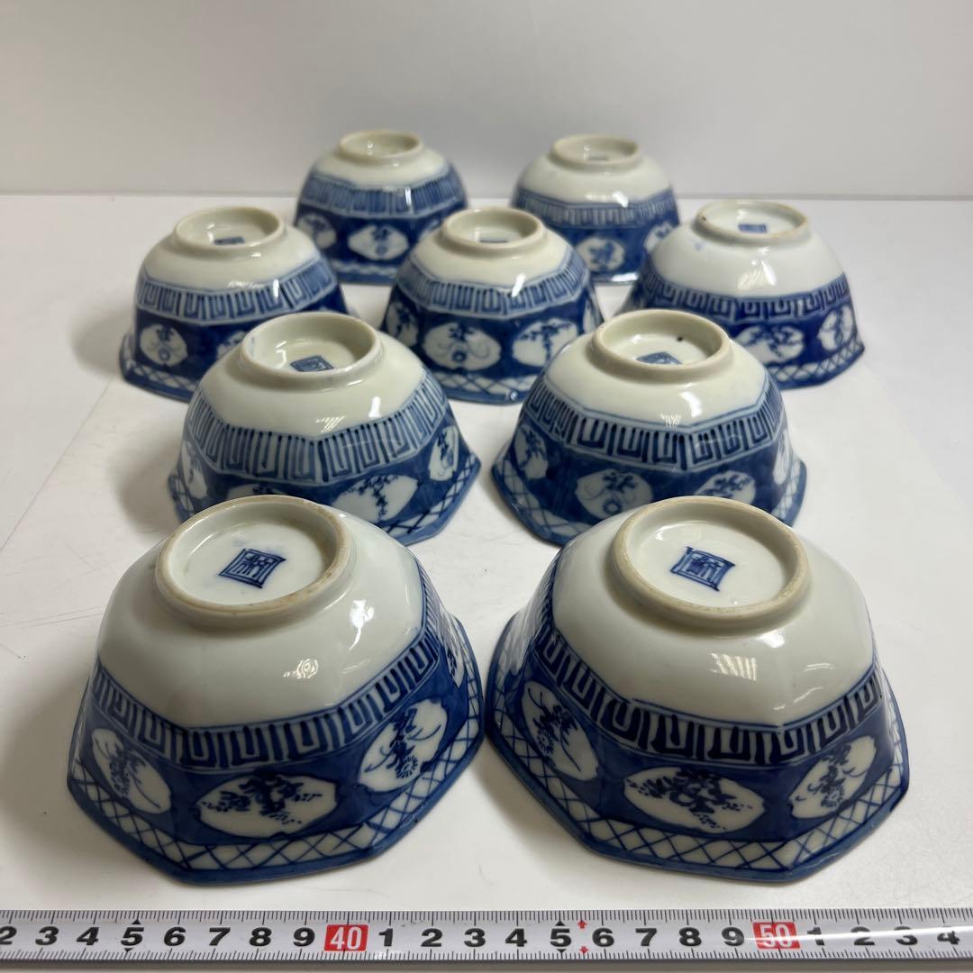 古伊万里　染付八角向付9客　木箱付　口径約12.5㎝東Y7-1225☆2Fタサチ