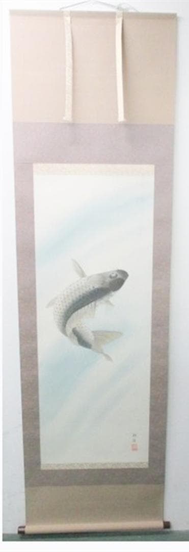 【未使用品】掛軸 鈴木銀嶺『鯉の滝昇』日本画 紙本 箱付 掛け軸 L01409