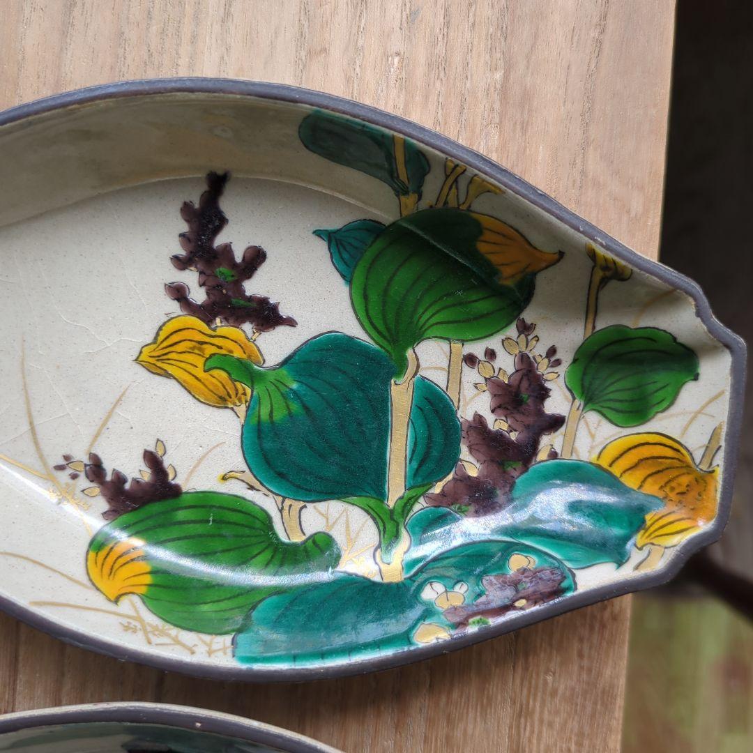 骨董 九谷焼 舟形 図変わり 色絵 花尽くし 向付 器 皿 5枚 変形皿