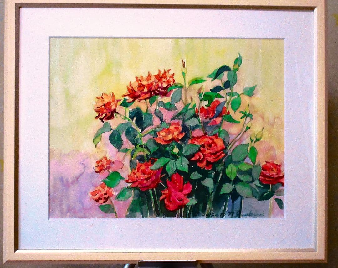 水彩画 バラの花束 額装付き F6サイズ 原画