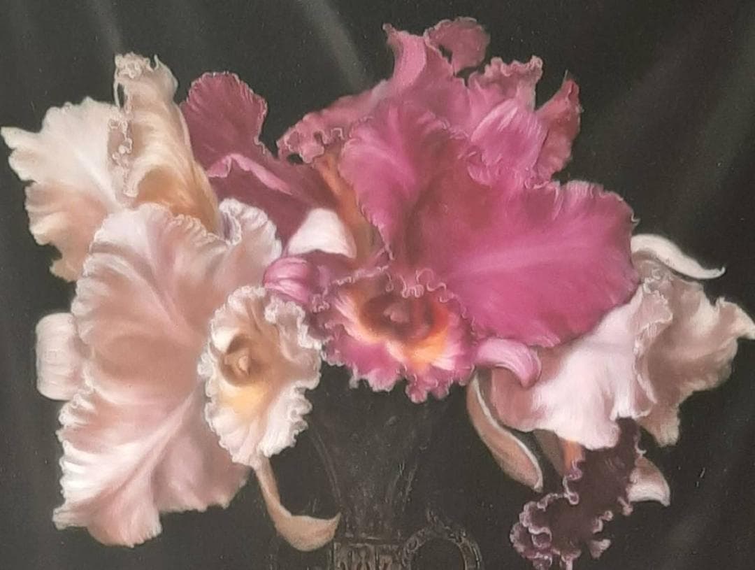 三嶋哲也、「カトレアと苺」、希少画集の額装画、人気作品