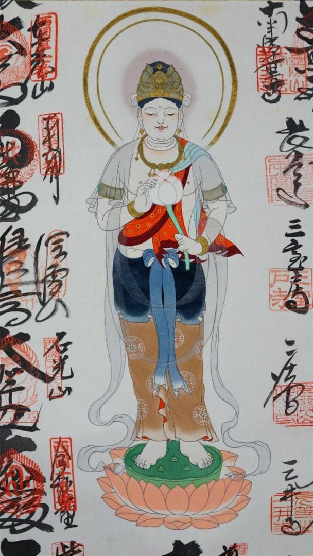 掛軸 仏画『西国三十三ヶ所御朱印』絹本 肉筆 掛け軸 Y01281-2