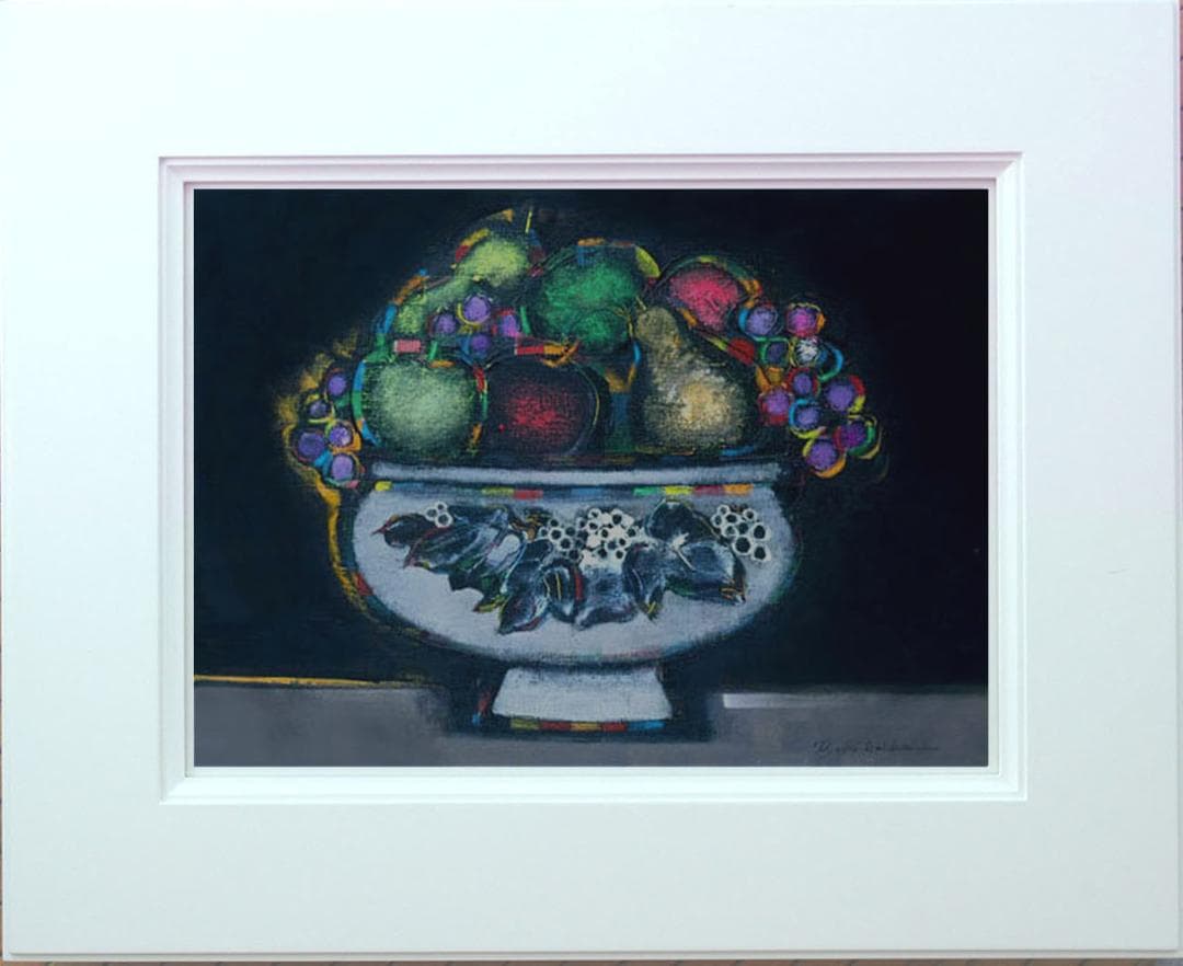 油絵 菅家令子 絵 絵画インテリア額付(青緑＋金色の枠uF6-062004 果物