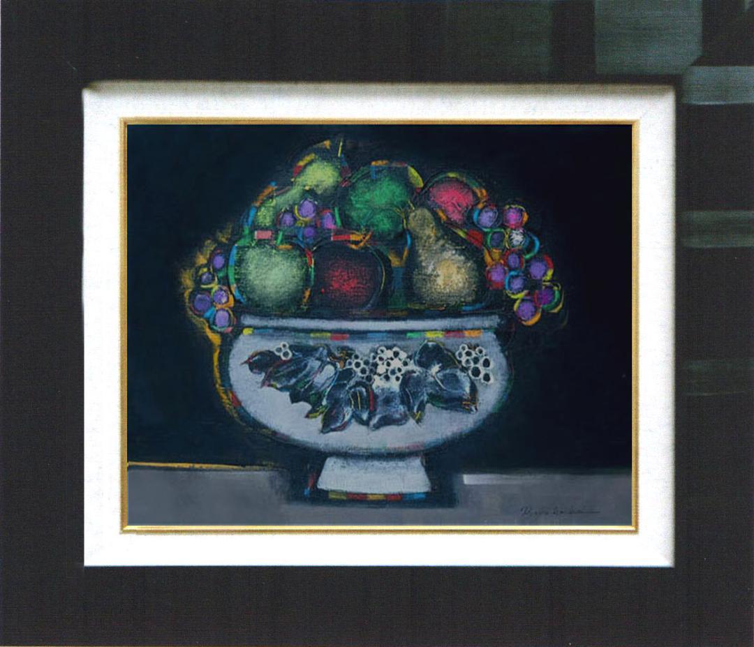 油絵 菅家令子 絵 絵画インテリア額付(青緑＋金色の枠uF6-062004 果物