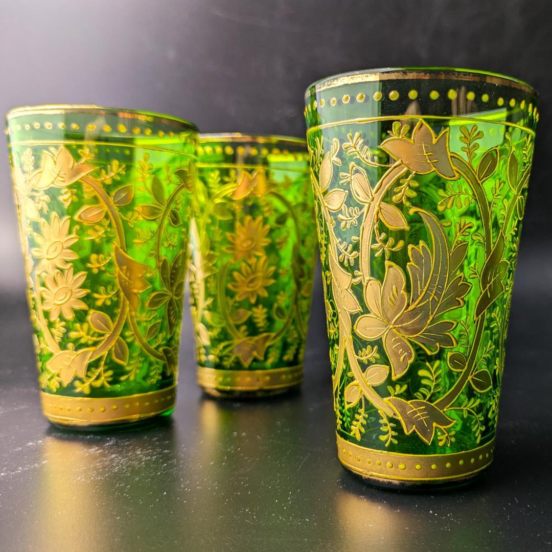 Moser モーゼル 金彩グラス 4個セット エメラルドグリーン アラベスク文様