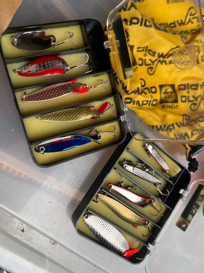 美品70年代オリムピックのエメラルド350スピニングリール スプーンルアーセット