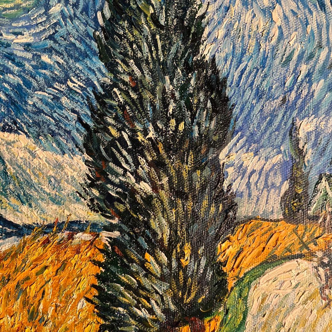★秀作★ 手書き油絵 ゴッホ 糸杉と星の見える道 額付 絵画 インテリア 油彩画