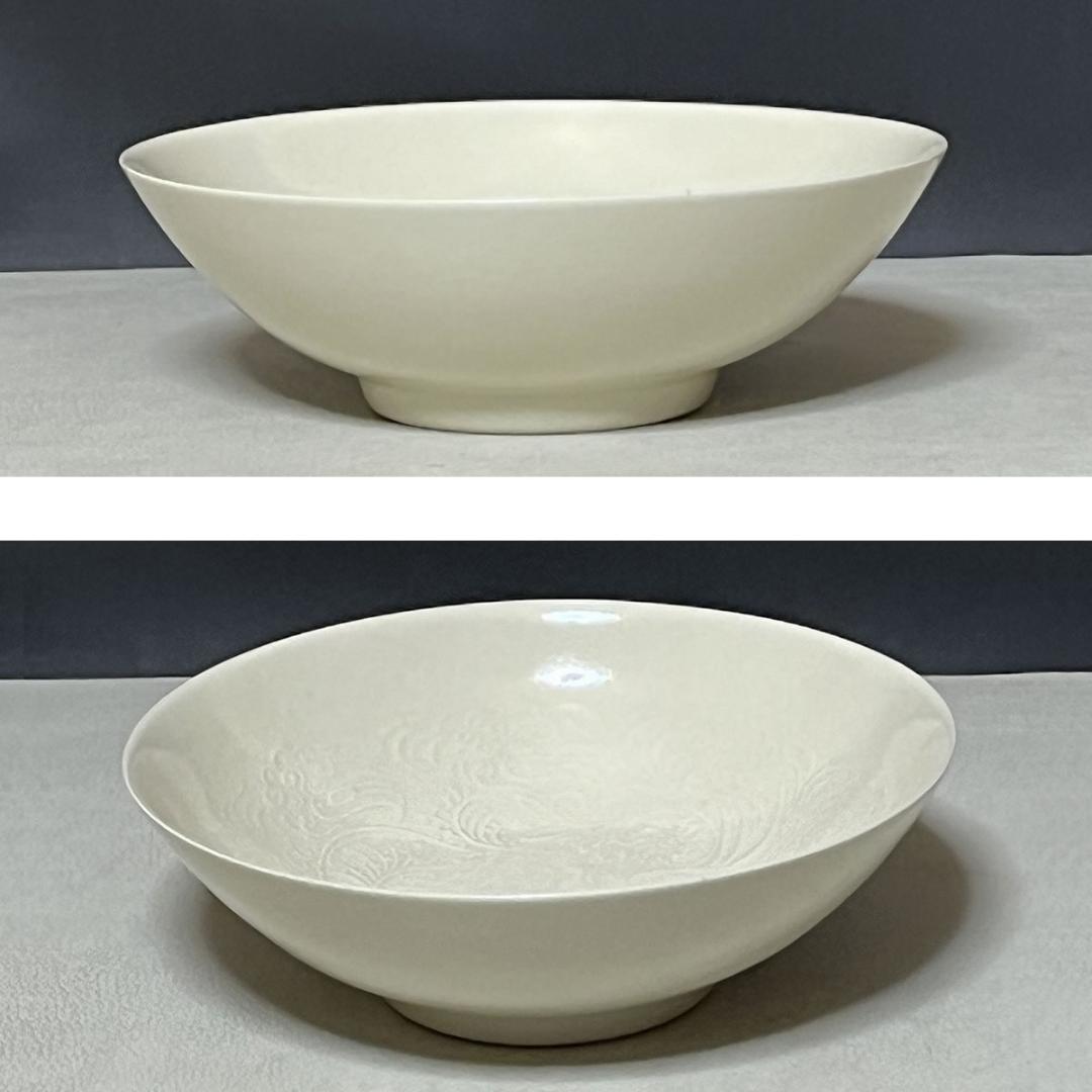 加藤渓山 牙黄磁 華鳥彫刻 鉢 共箱 菓子鉢 茶道具 【k3223】