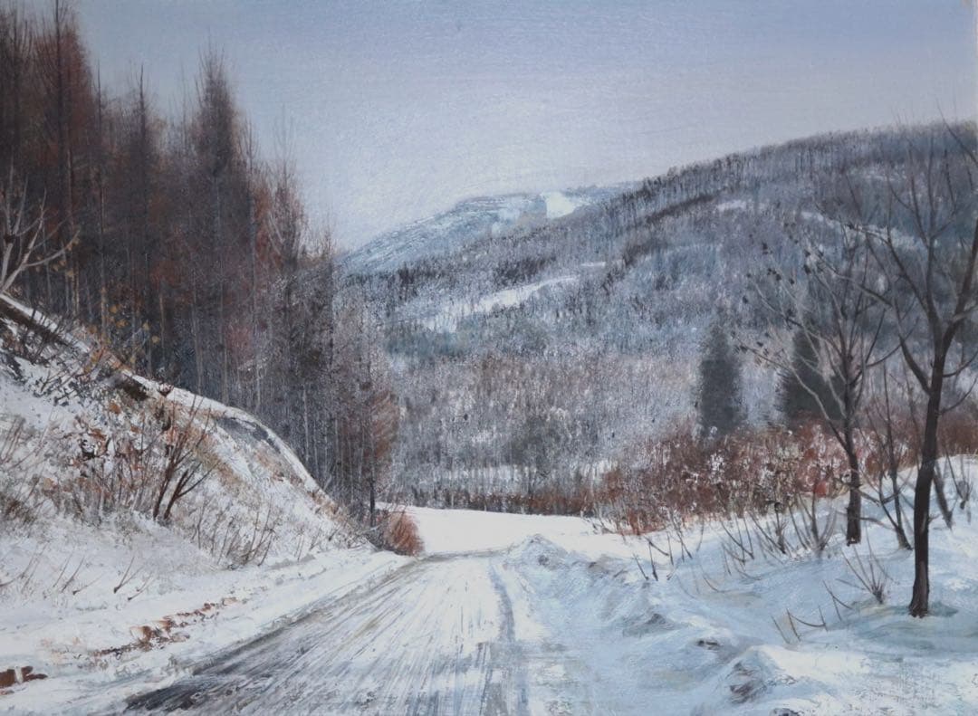 黒澤信男作　雪道の午後　油彩絵　直筆　額装　本人サインあり　箱入　送料込み