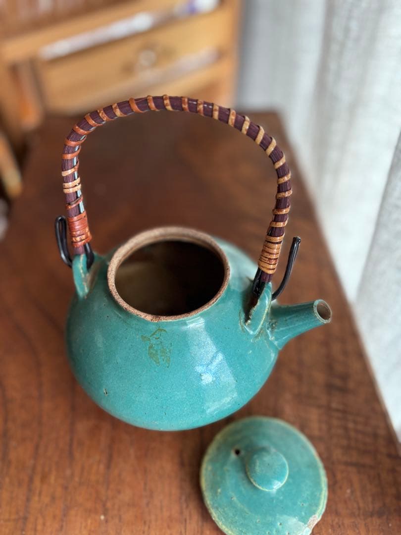 伊賀　丸柱　青　緑釉　薬土瓶　急須　民藝　古道具　希少　骨董