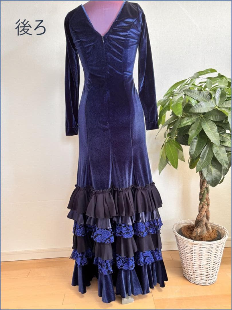 フラメンコ衣装　ワンピース　ベロア　ネイビー　ハンドメイド