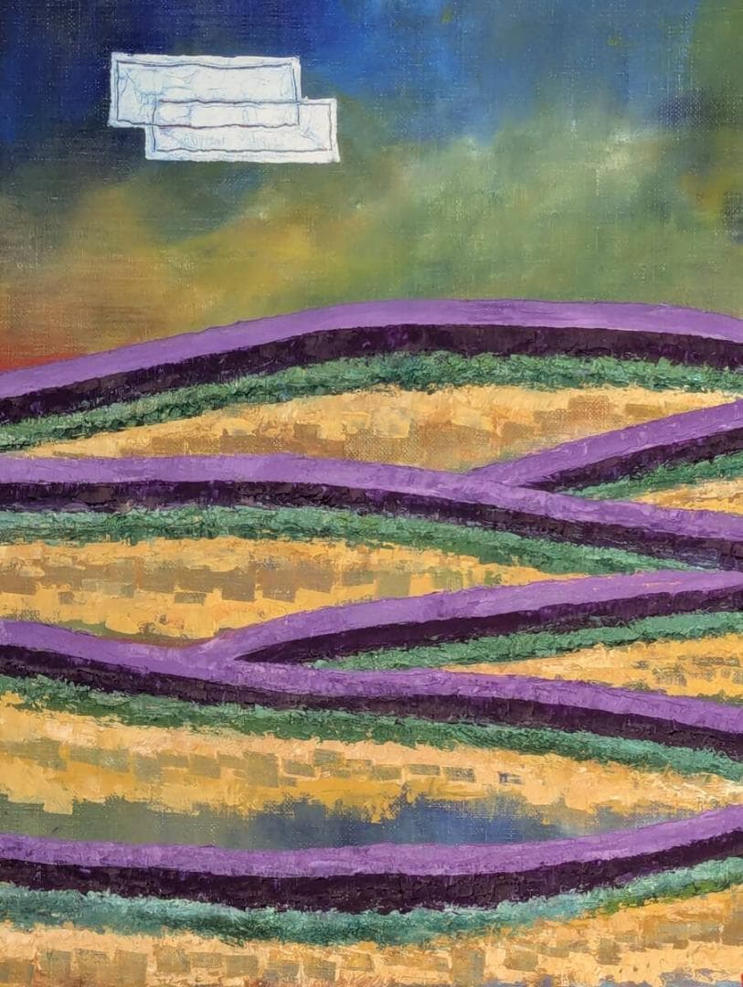 【真作】絵画　村山禧家　油彩10号　ラベンダーの丘　モダンな色面構成　X82