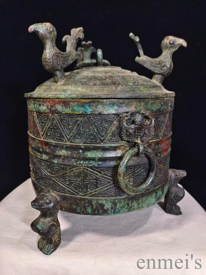 中国古美術【三鳳貯貝倉】漢代青銅銘文器皿 礼器 盛食器 純銅製 高浮彫 置物