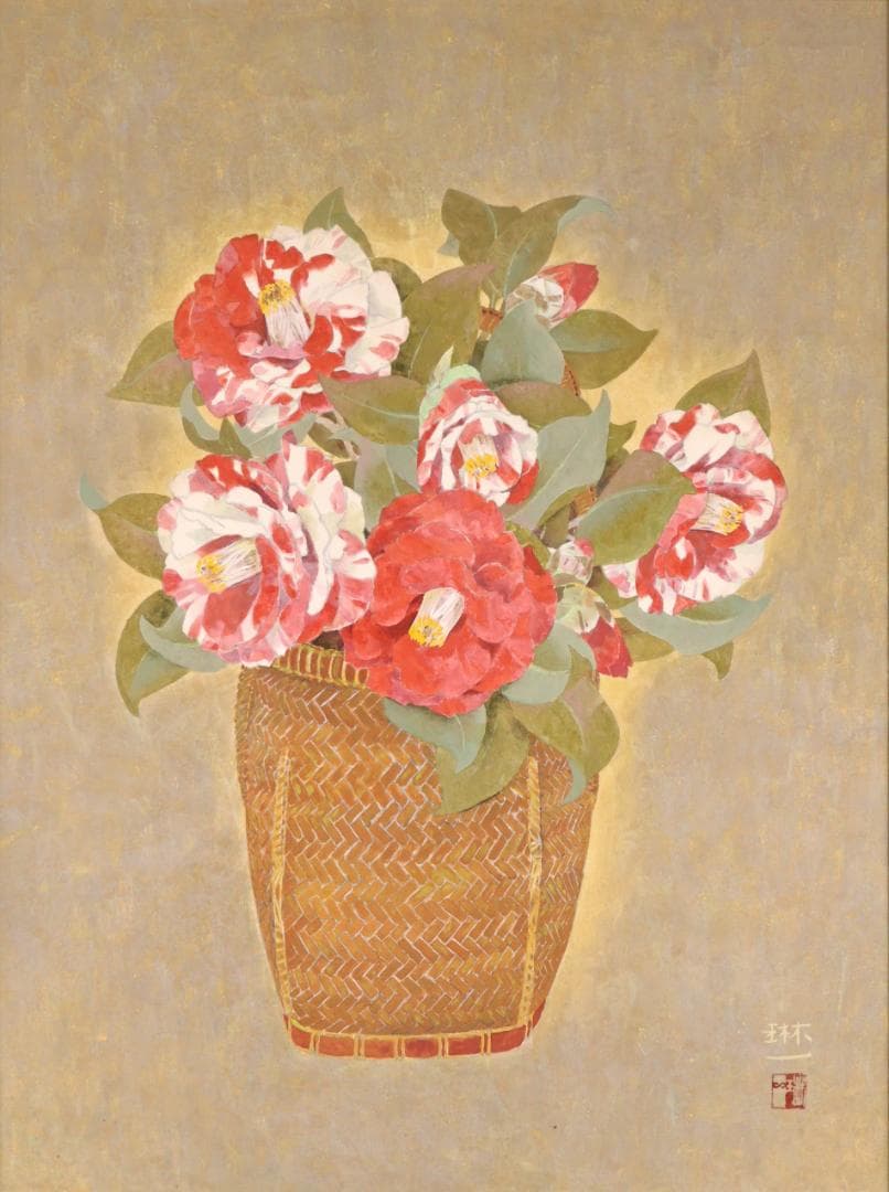 【真作】　間瀬琳一 「 華籠 」　12号　日本画　共シール　タトウ　BK173