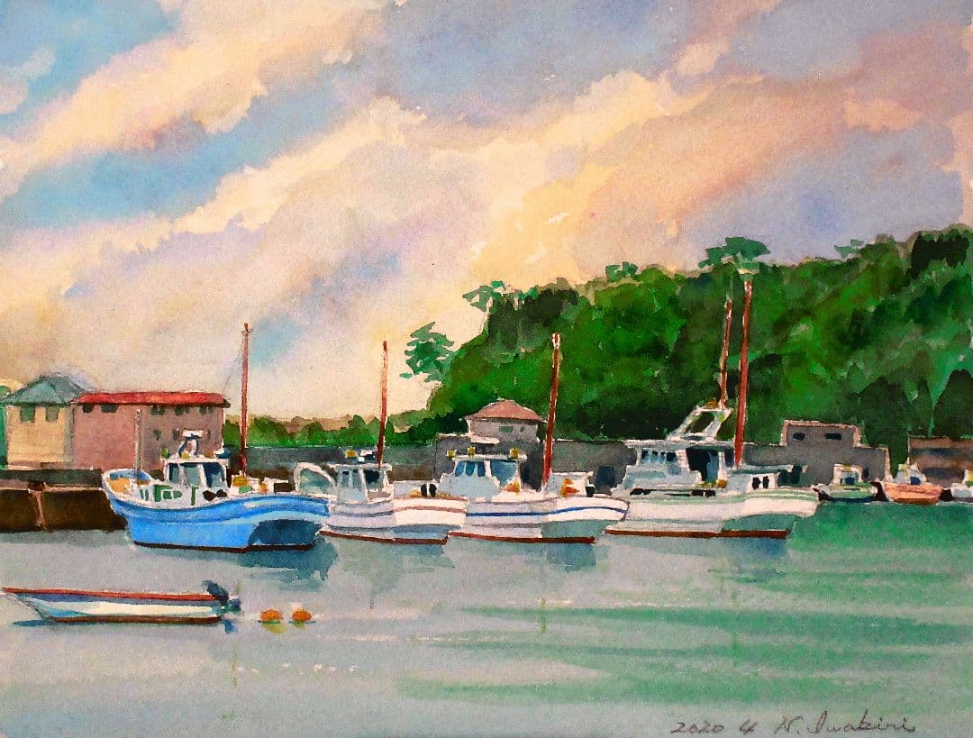 水彩画 港の風景 2020年 原画 F6サイズ 額縁付き