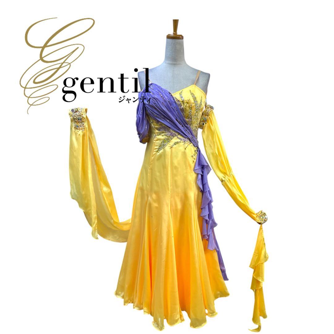 6338★ジャンティ★M 黄色 サテン スワロ スタンダード ドレス社交ダンス