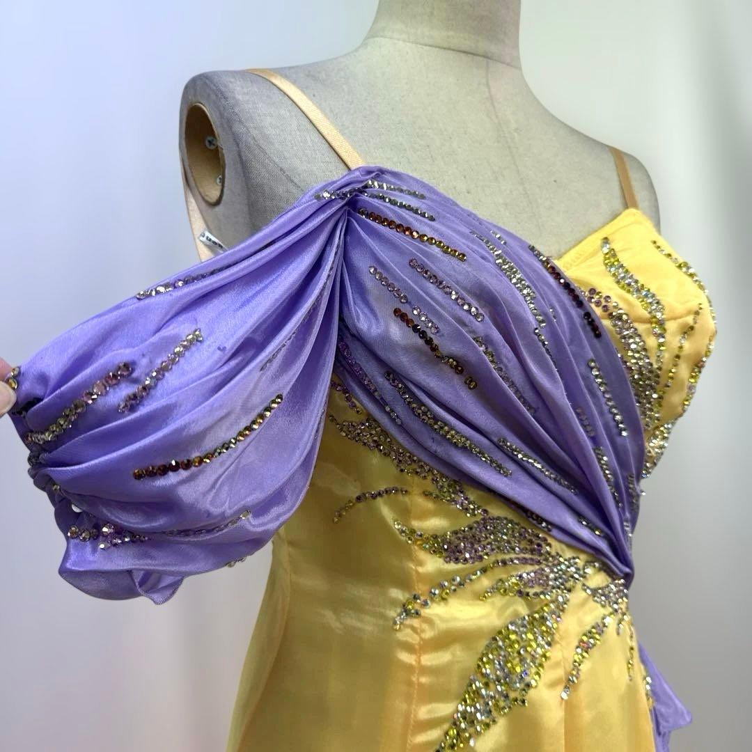 6338★ジャンティ★M 黄色 サテン スワロ スタンダード ドレス社交ダンス