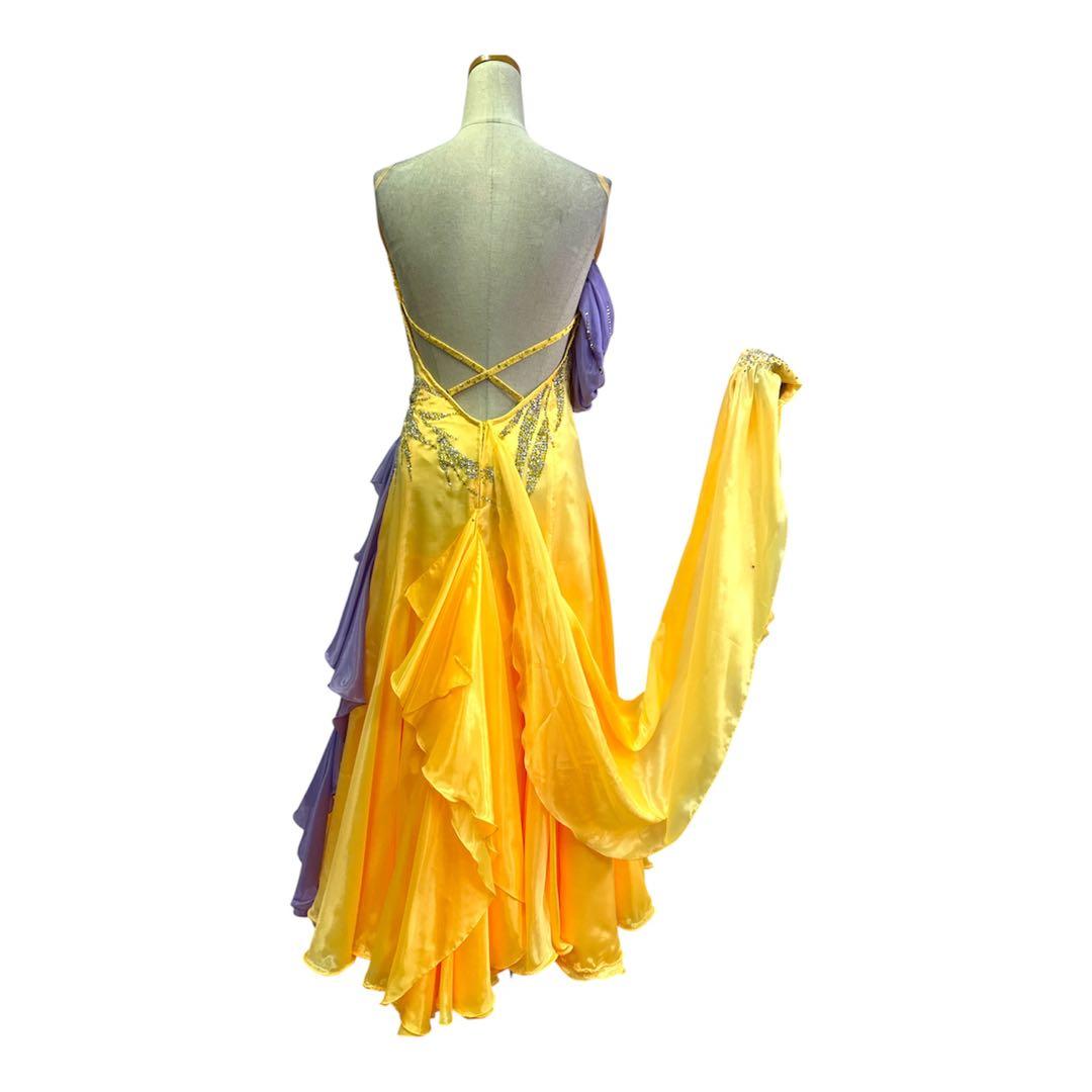 6338★ジャンティ★M 黄色 サテン スワロ スタンダード ドレス社交ダンス