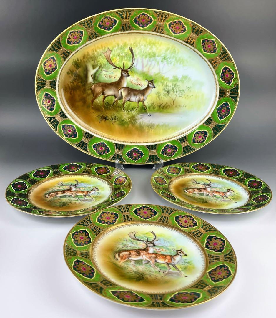 【大型４０cm！】オールドノリタケ 鹿紋 金盛り 大皿 プレートセット