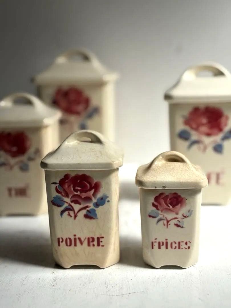 493 フランスアンティーク Badonviller 薔薇柄キャニスターセット