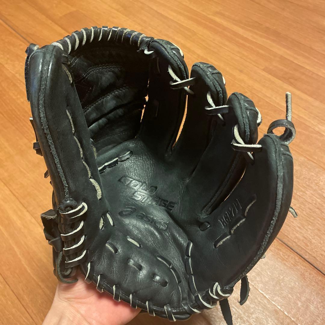 asics 黒 レザー 野球グローブ 収納袋付き