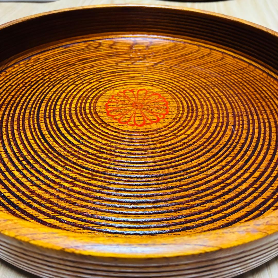 【高級】天然木くり抜き 丸盆 2枚セット 千筋挽き 菊紋 29cm 1.7万/枚